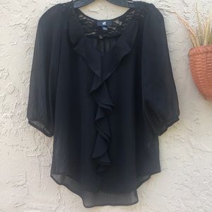 Beautiful IZ Byer Sheer Black Ruffled Front Top